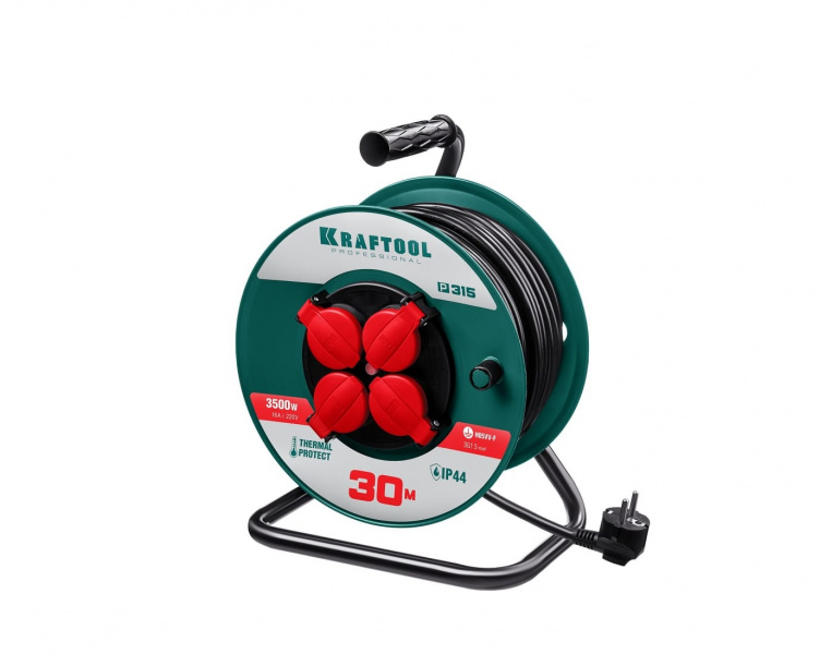 Удлинитель на катушке P-315 30м 3500 Вт 4 гнезда IP44 ПВС 3х1.5 55084-30 KRAFTOOL
